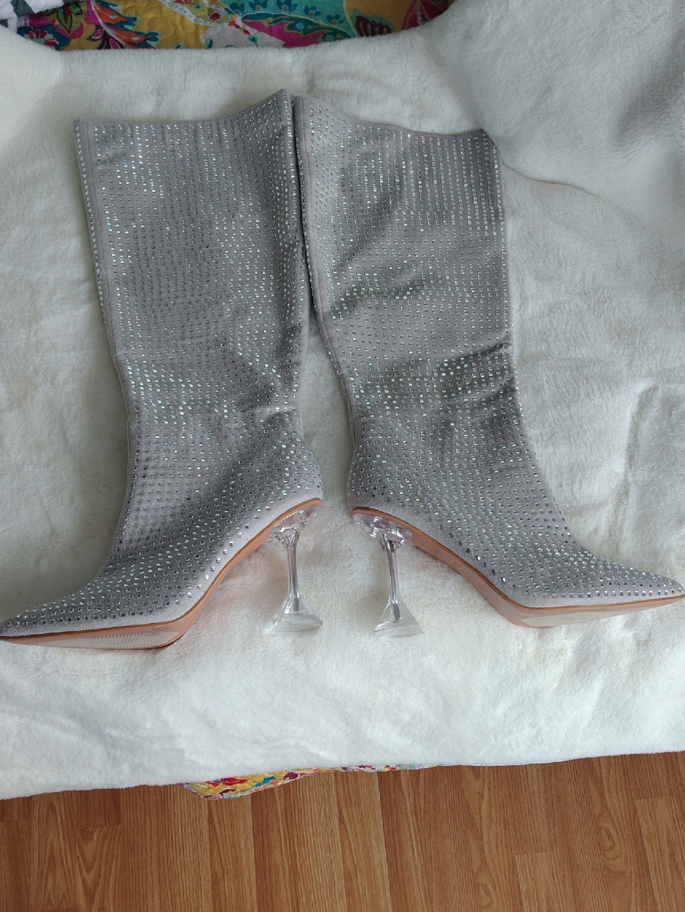 Silver Rhinestone knee high  Boots with Clear Stiletto Heel - Women